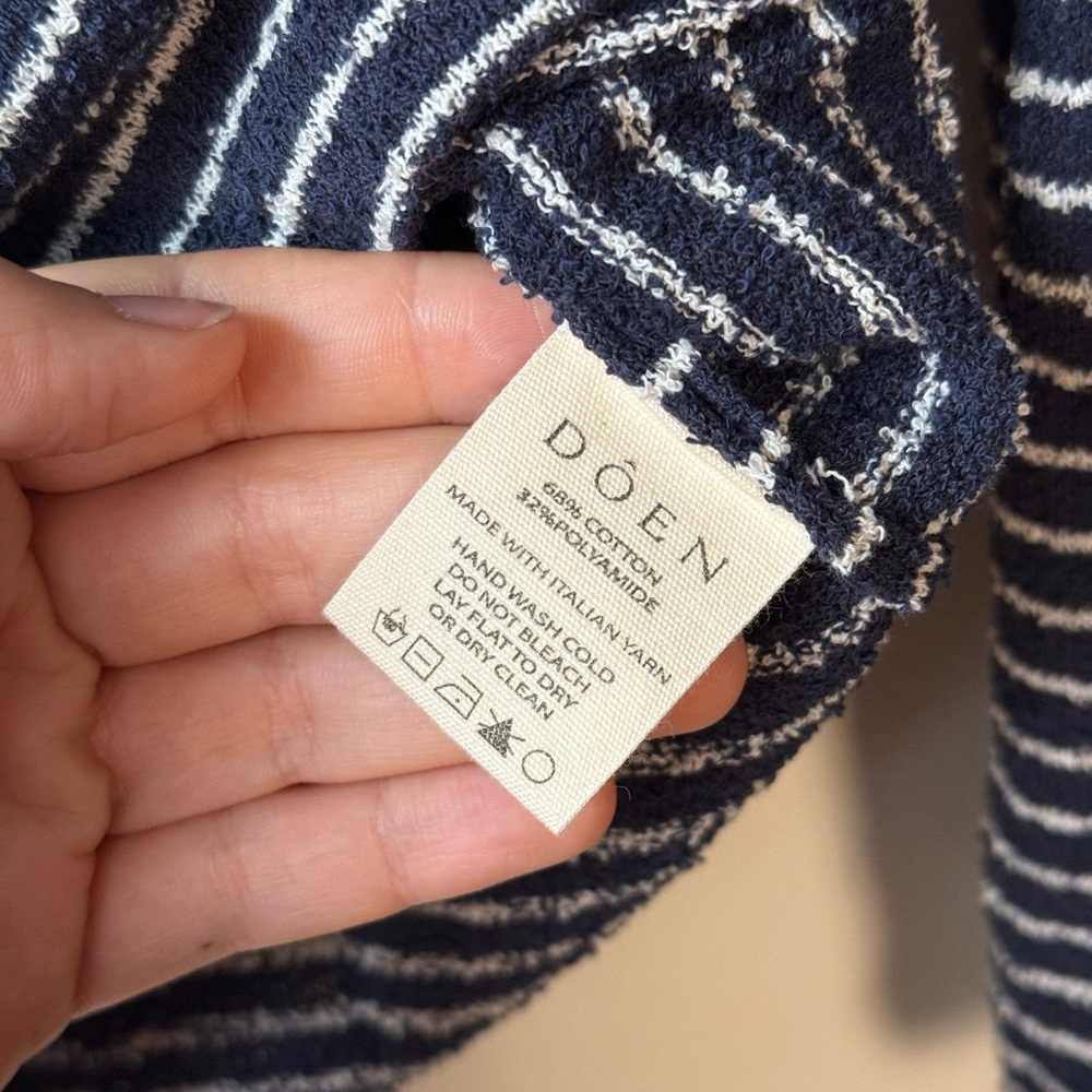 Doen, Boatneck Long Sleeve Top, Navy and White Striped, Small - Picture 2 of 6